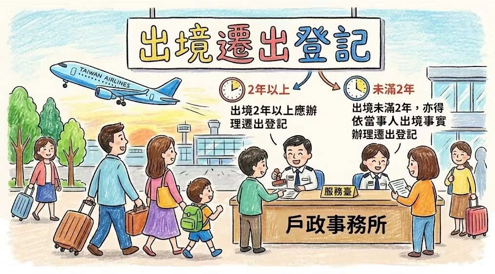 「出境2年以上應辦理遷出登記；出境未滿2年，亦得依當事人出境事實辦理遷出登記。」-詳細內容請按我
